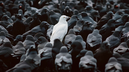 Fototapeta premium White crow in flock of black ones - concept of individuality, being different