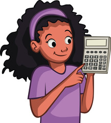 Cartoon girl using a calculator. Teenagers solving a math problem.- 741701248
