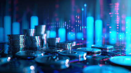 stacks of coins with a backdrop of glowing blue digital graphs and circuitry, symbolizing the intersection of money and technology.