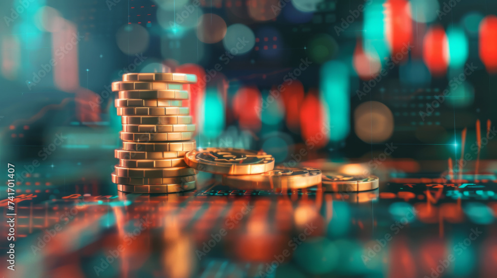 Poster stacks of coins with a backdrop of glowing blue digital graphs and circuitry, symbolizing the inters