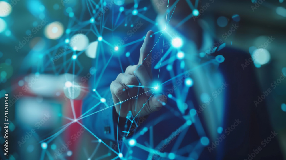 Poster close-up of a businessman's hand interacting with a futuristic digital interface with glowing graphs