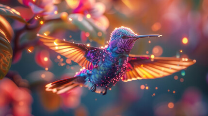 Obraz premium Magic glowing glittering multi-colored hummingbird in flight