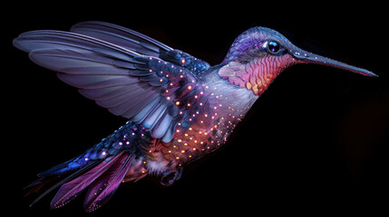 Obraz premium Glowing glittering multi-colored hummingbird in flight