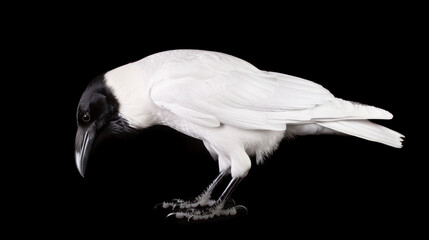 Fototapeta premium White crow isolated on black background, symbol of individuality