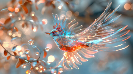 Fototapeta premium Magic glowing glittering multi-colored hummingbird made of glass