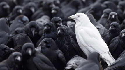 White crow in flock of black ones - concept of individuality, being different - obrazy, fototapety, plakaty