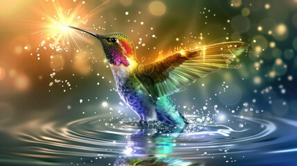 Fototapeta premium Magic glowing glittering multi-colored hummingbird splashing in water