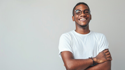 cheerful young man smiling at the camera with his arms crossed. - obrazy, fototapety, plakaty