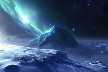 This photo captures a breathtaking view of a towering mountain peak set against a clear blue sky, Ice-covered alien world with a glowing aurora, AI Generated