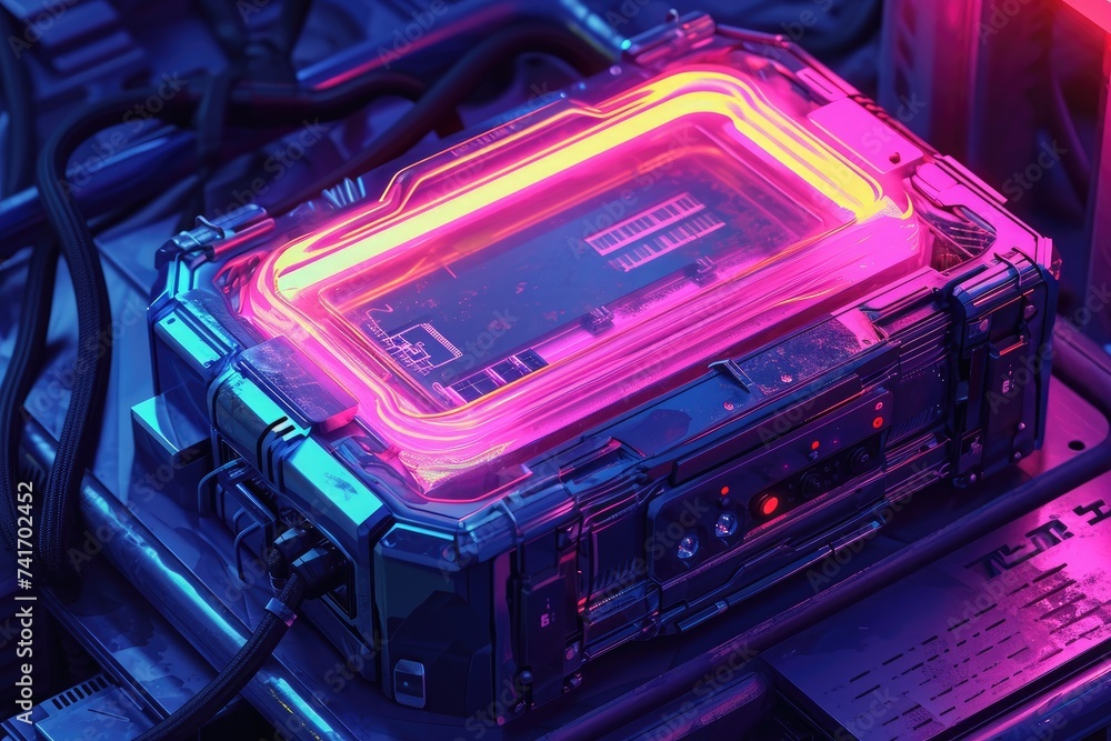Poster a detailed view of a black computer case placed on a table, illustrate a cyberpunk version of a nas 