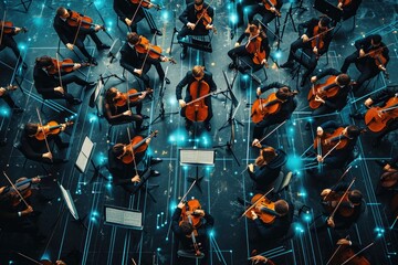 Aerial View of a Crowd of People Playing Musical Instruments in a Park, Illustrate synchronization...