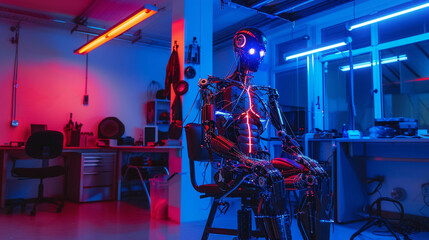 The pinnacle of human enhancement a cyborg in a neon workshop fuses human and machine with advanced prosthetics - obrazy, fototapety, plakaty