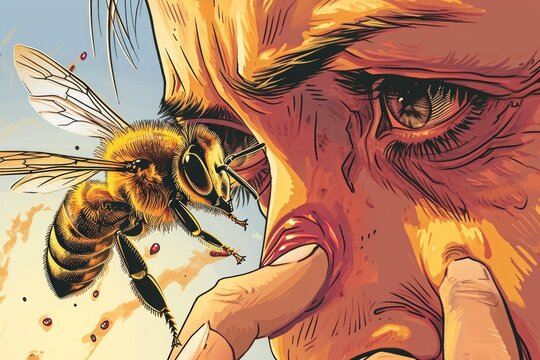 A detailed close-up of a person gently touching a bee with their finger, Illustration of an allergic reaction to a bee sting, AI Generated