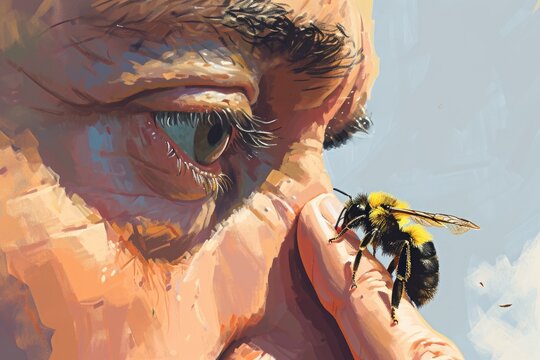 A painting depicting a man confidently grasping a bee in his hand, Illustration of an allergic reaction to a bee sting, AI Generated