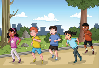 Cartoon teenagers running in the park. Children running with friends. Kids jogging.
- 741703013