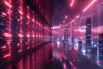 Sci fi glowing nexus central hub of neon tech digital convergence