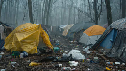 Tent Encampment in park or forest, life conditions of homeless people