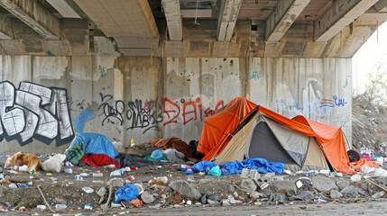 Homeless Encampment Under City Bridge with Graffiti - obrazy, fototapety, plakaty