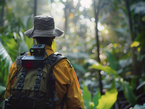 Park Ranger patrolling bio engineered forests using AI to monitor wildlife