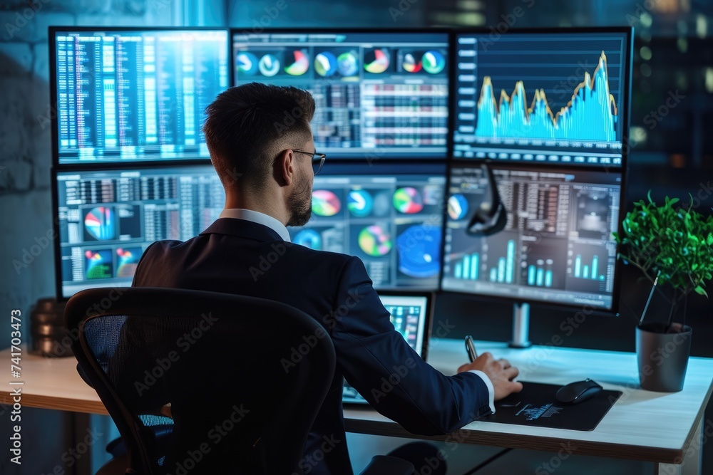 Poster a man seated at a desk focusing on his computer screen, engaged in productive work, image of a busin