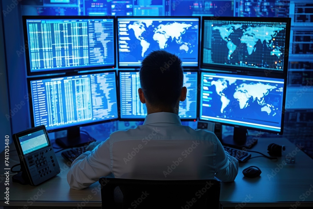 Poster a man is seen sitting at a desk with multiple monitors in front of him, focused on his work, image o