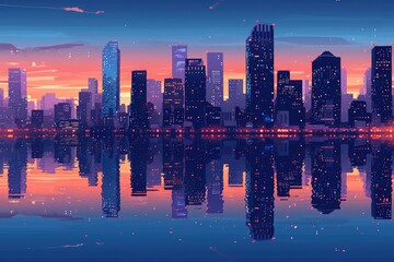 A city skyline is captured during sunset, highlighting the beautiful reflection in the calm water, Illustration of skyscrapers' reflection in calm city waters, AI Generated