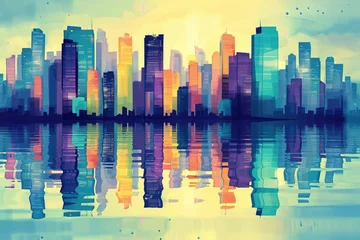 Zelfklevend Fotobehang A painting capturing the reflection of a city skyline in the water, Illustration of skyscrapers' reflection in calm city waters, AI Generated © Iftikhar alam