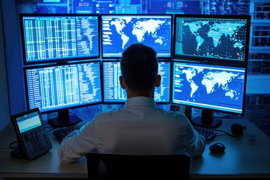 A man is seen sitting at a desk with multiple monitors in front of him, focused on his work, Image of a businessman analyzing data on multiple computer screens, AI Generated