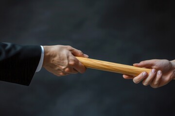 A close-up photo of a person tightly gripping a wooden stick with sunlight shining through their fingers, Image of hands passing a baton, representing succession planning in a business, AI Generated