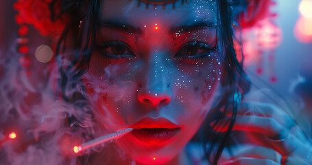 Geisha in a future world smoking digital incense during a holographic performance