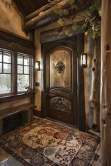 Old-fashioned wooden entrance door, a very attractive part of the house. Generative AI