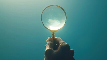 Unveil the Unknown: Hand Holding Magnifying Glass on Serene Blue Background. - obrazy, fototapety, plakaty