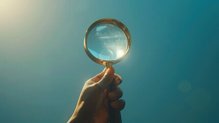 Unveil the Unknown: Hand Holding Magnifying Glass on Serene Blue Background. - obrazy, fototapety, plakaty
