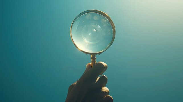 Unveil the Unknown: Hand Holding Magnifying Glass on Serene Blue Background.