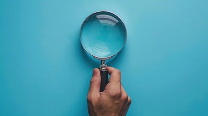 Exploring Curiosity: Hand Holding Magnifying Glass on Soft Blue Background. - obrazy, fototapety, plakaty