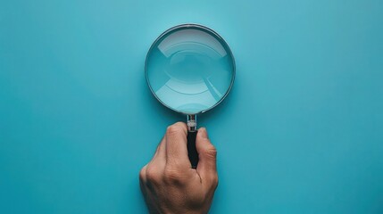 Exploring Curiosity: Hand Holding Magnifying Glass on Soft Blue Background.