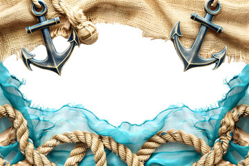 Nautical Themed Frame with Anchors and Ropes on Torn Paper Edge, Pirate Ship Background 
