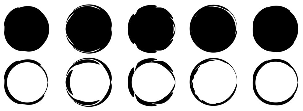 Hand drawn grunge frames vector set. Blank brush paint ink in circles shape illustration.