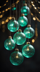 Fototapeta na wymiar closeup of hanging green Christmas balls on a black background with Christmas lights in bokeh