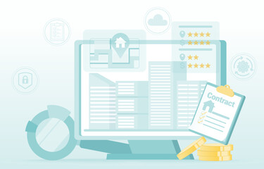 Property investment, real estate, or mortgage concept. Searching house or apartment purchase, rental, contract document, comparing from online platforms. Flat vector design illustration.