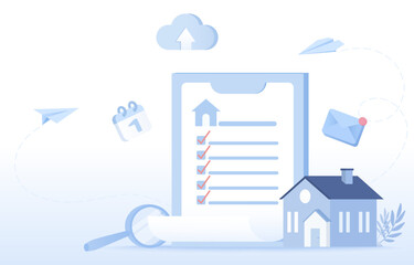 Mortgage or rental contract concept. Housing contract checklist, insurance, legal document, investment property. Flat vector design illustration.