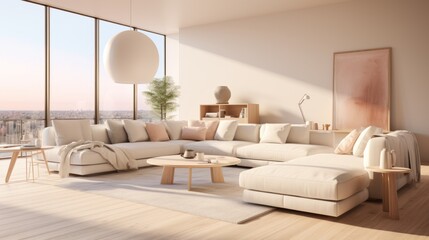 Fototapeta na wymiar Bright airy living room with large windows and comfortable seating