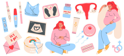 Set of pregnancy necessary tools. Pregnant woman hugs her belly and sleeps with pillow, baby on ultrasound scan, uterus, ovum, weight, positive pregnancy tests, vitamins, body oil. 