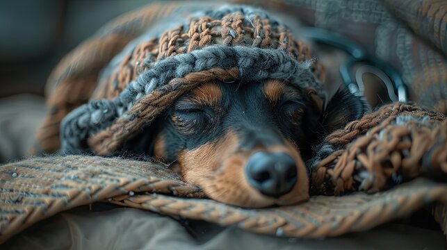 Dachshund dog, black and tan, sleeping in bed with high fever temperature, ice water bag on head, covered by a blanket, vet auditions a dog with a stethoscope. AI Generated.