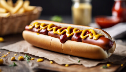 delicious hot dog with ketchup and mustard sauce, copy space for text, top view
