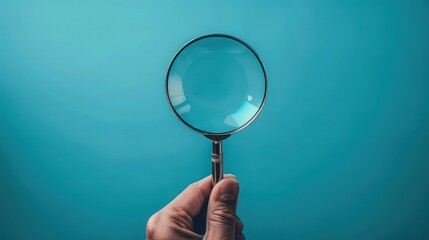 Discovering Hidden Wonders: Hand Holding Magnifying Glass on Blue Background. - obrazy, fototapety, plakaty