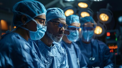 Diverse multiethnic surgeons with face masks and protective clothing during operation, sedating patient. Medicine, health and healthcare services during covid 19 coronavirus pandemic - obrazy, fototapety, plakaty