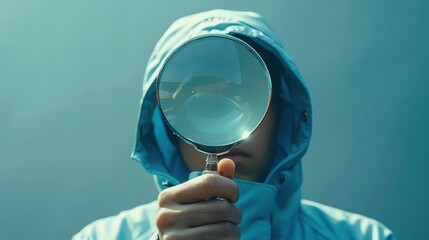 Veiled Discovery: Man Concealing Face with Magnifying Glass. - obrazy, fototapety, plakaty