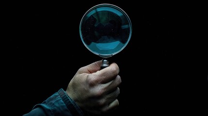 Intriguing Inquiry: Elderly Hand Gripping Magnifying Glass on Black Background. - obrazy, fototapety, plakaty