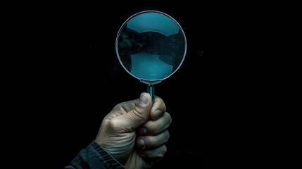 Intriguing Inquiry: Elderly Hand Gripping Magnifying Glass on Black Background.